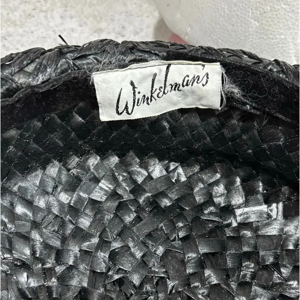 Vintage black straw pillbox hat by Winkelman’s velvet hatband upturned brim